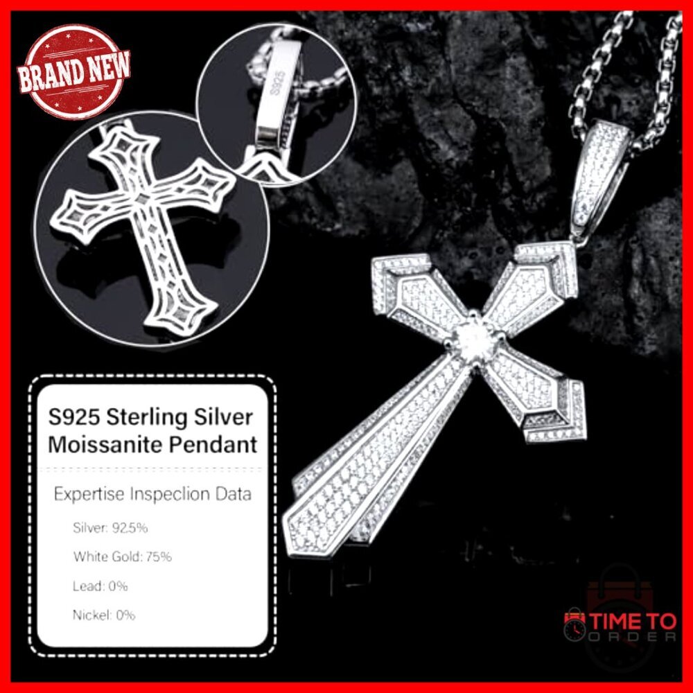 Men's Moissanite Cross Pendant Necklace S925 Silver 2.9CT Diamond Hiphop Jewelry - Picture 4 of 7